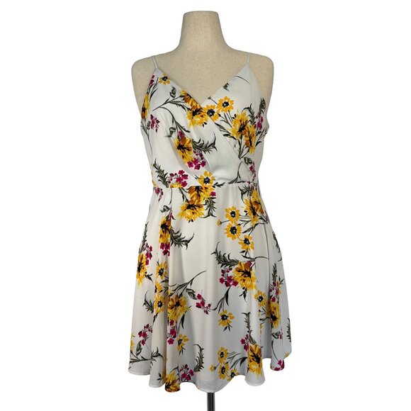 Express Surplice Mini Dress | Floral, Large - Yellow & Pink on White - Picture 1 of 16